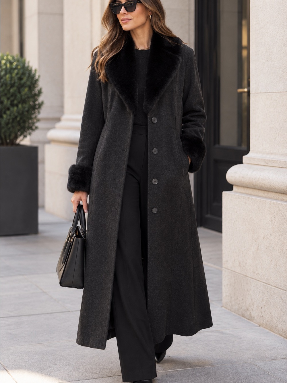 Vintage JNY Wool Cashmere Maxi Coat Fur Trim Made in Italy